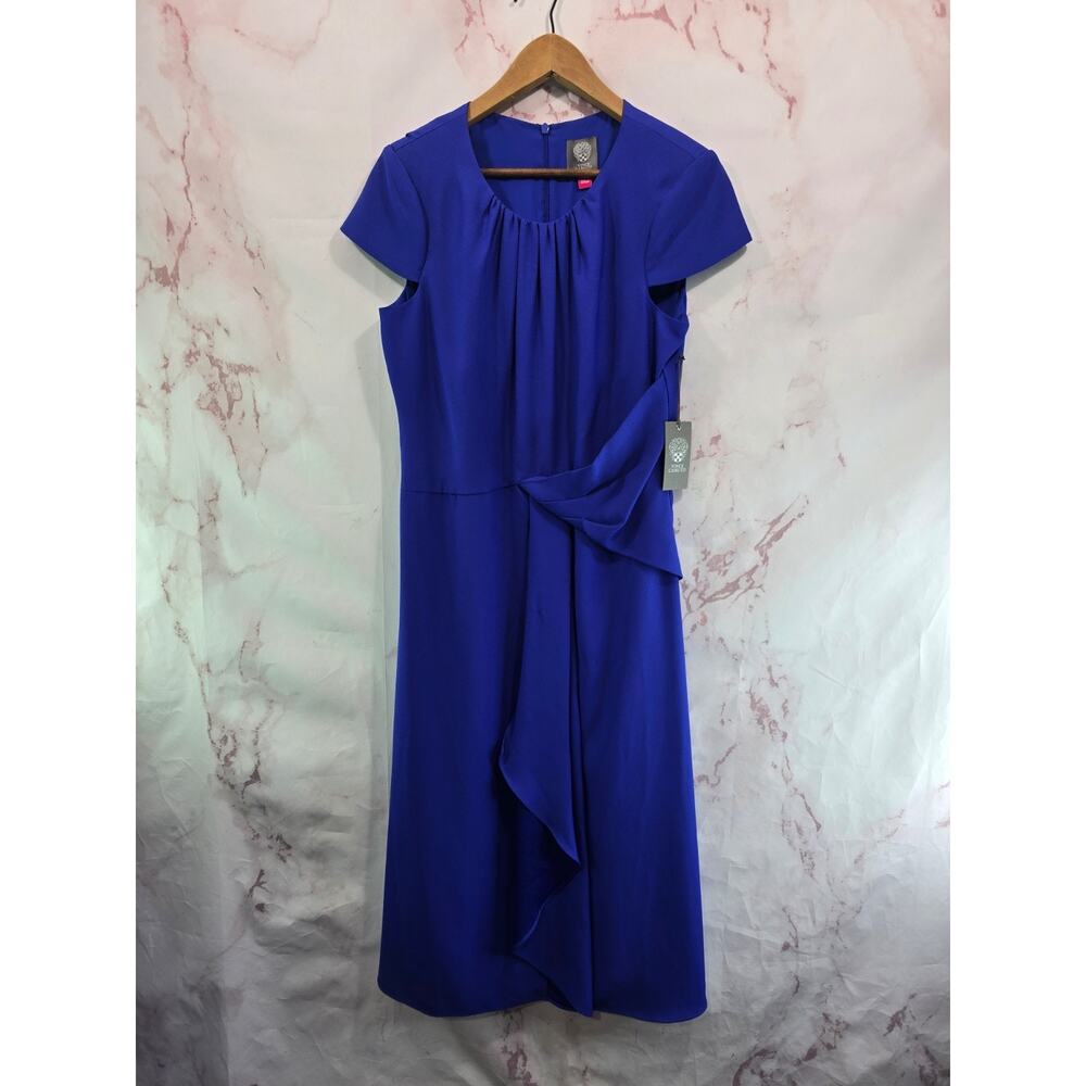 Vince Camuto Dress Womens 12 Large Blue Midi Ruffle Cobalt Royal